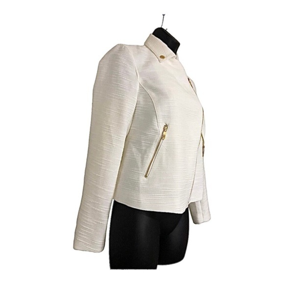 Anne Klein‎ ecru boucle look gold zipper moto style jacket blazer size XS new - Picture 13 of 17